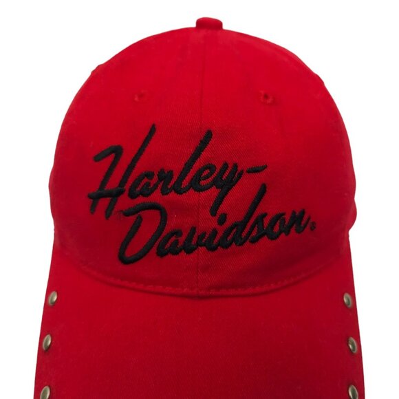 Harley Davidson Embroidered Red Adjustable Tuck Strap Cap Trucker Biker Hat Rive - Picture 10 of 14